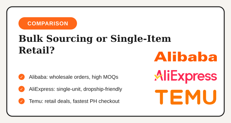 Alibaba vs AliExpress vs Temu comparison for bulk sourcing or single-item retail