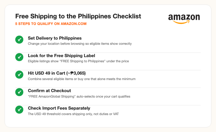Amazon free shipping to Philippines checklist, 5 steps to qualify