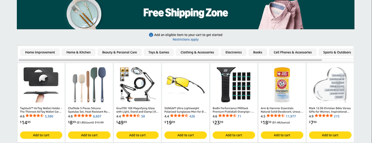Amazon Free Shipping Zone page with eligible items and category filters