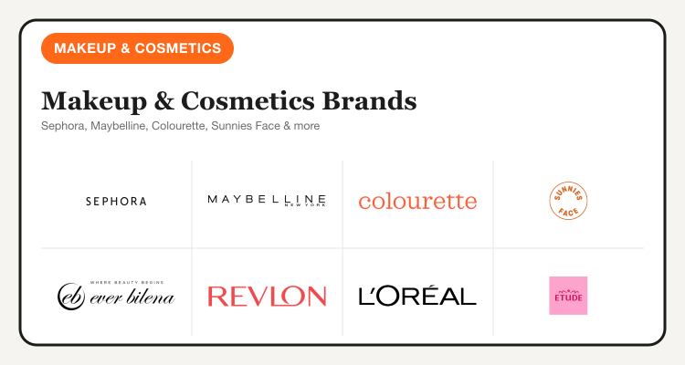 Makeup and cosmetics brands on TipidNation: Sephora, Maybelline, Colourette, Sunnies Face, Ever Bilena, Revlon, L'Oréal Paris, and Etude