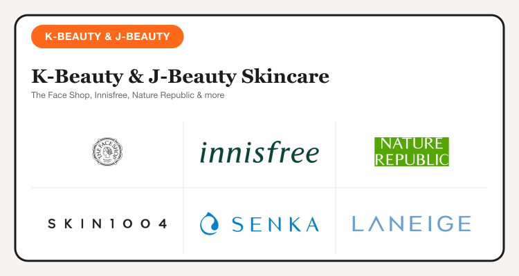 K-beauty and J-beauty skincare brands on TipidNation: The Face Shop, Innisfree, Nature Republic, SKIN1004, Senka, and Laneige