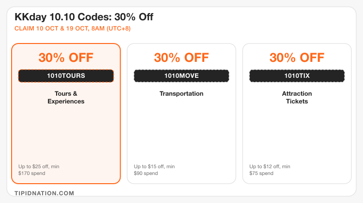 KKday 10.10 codes: 1010TOURS, 1010MOVE, 1010TIX, 30% off tours, transport, and attraction tickets