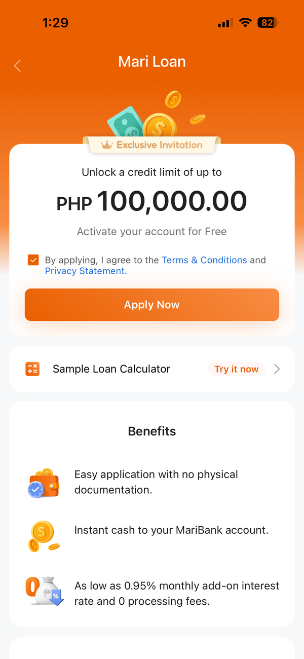 MariBank app Mari Loan activation screen showing a PHP 100,000 credit limit exclusive invitation