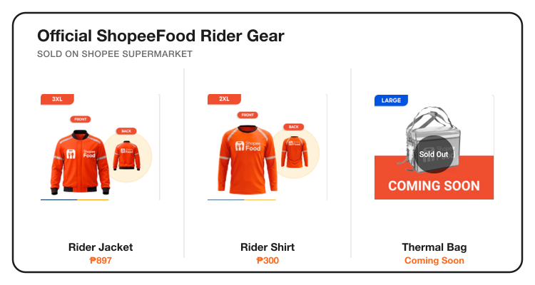 Official ShopeeFood Rider gear: orange rider jacket, long-sleeve rider shirt, and insulated thermal bag, sold on Shopee Supermarket
