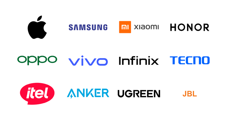 Apple, Samsung, Xiaomi, Honor, OPPO, vivo, Infinix, Tecno, itel, Anker, UGREEN, and JBL logos