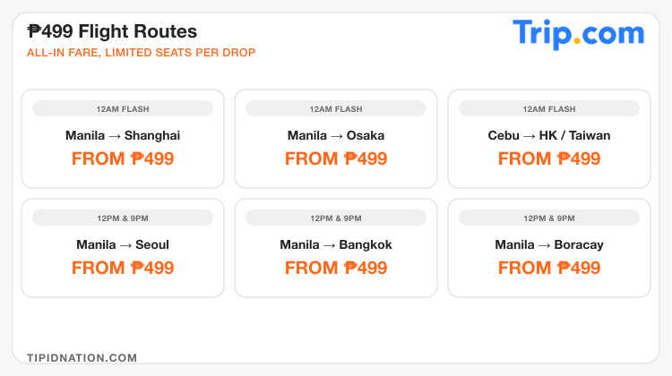 Trip.com 10.10 flight routes from ₱499: Manila to Shanghai, Osaka, Seoul, Bangkok, Boracay, and Cebu to Hong Kong or Taiwan