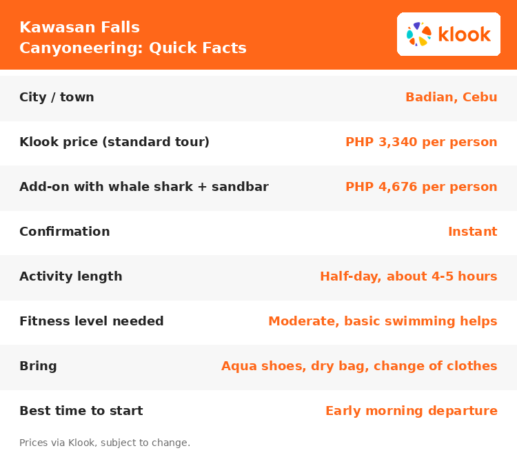 Kawasan Falls canyoneering quick facts: price, location, fitness level, what to bring