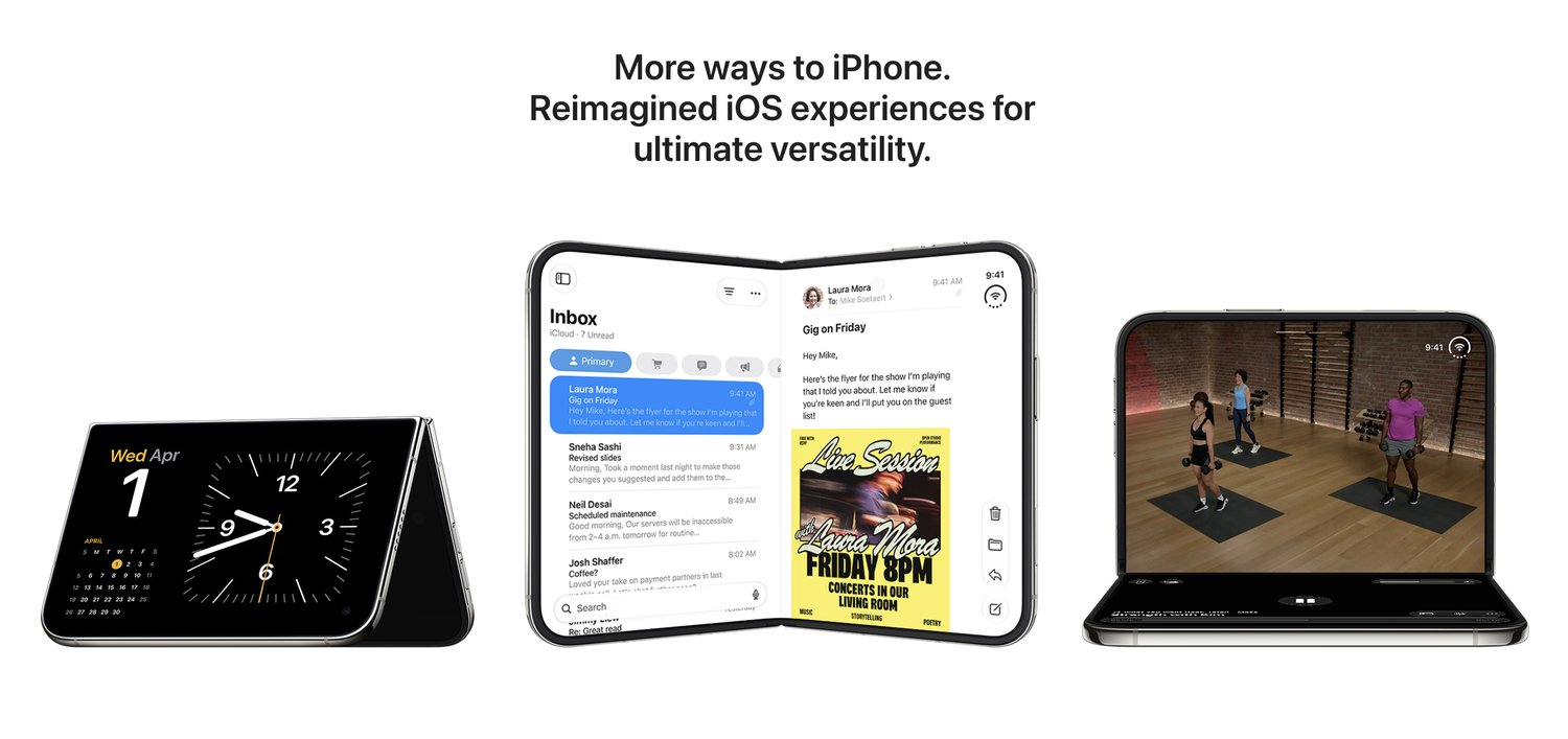 More ways to iPhone: iOS 27 features on iPhone Duo, including StandBy clock view, split-screen Mail, and laptop-style Fitness mode