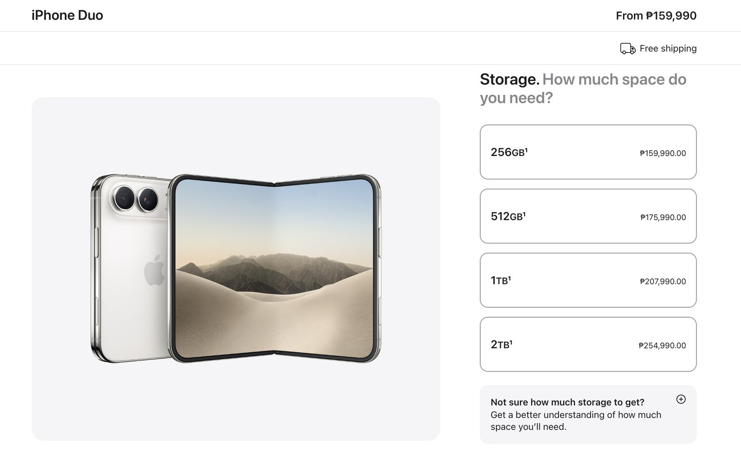 iPhone Duo official storage pricing screenshot from Apple Philippines store: 256GB, 512GB, 1TB, and 2TB