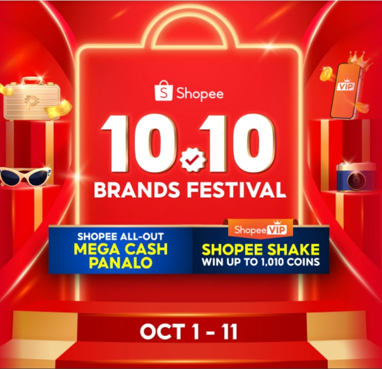 Shopee 10.10 Brands Festival Philippines, October 1 to 11, with Mega Cash Panalo and Shopee Shake up to 1,010 coins